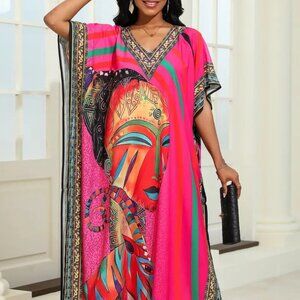 African Ethnic Plus Beachy Boho Coastal Kaftan Summer Flattering Loungewear Maxi